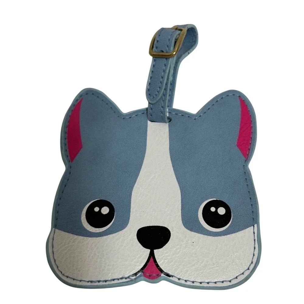 Blue French Bulldog Luggage Tag Faux Leather Puppy Dog Face Travel Bag ID Blue